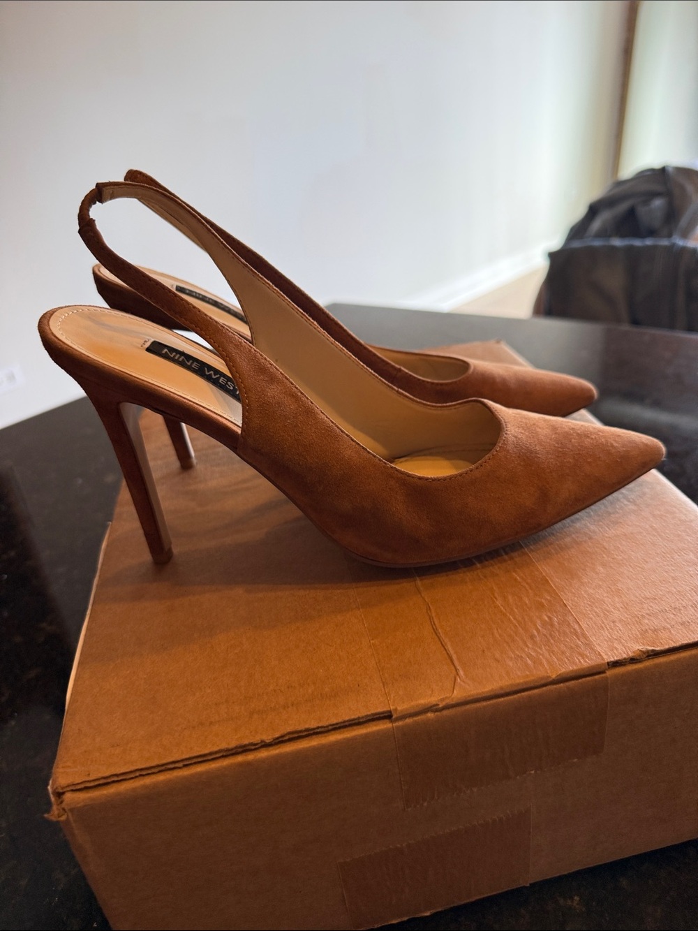 Nine West Tan Suede Pointed-Toe Slingback Heels
